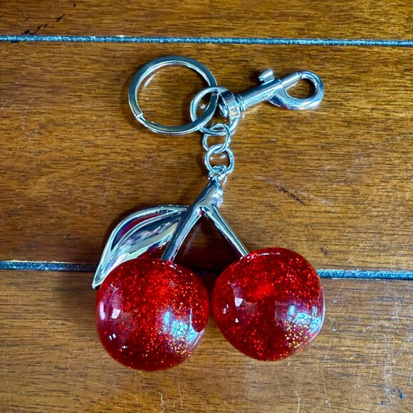 NEW Red Glitter Large Cherries Purse Charm Keychain Silver Toned - Picture 3 of 7